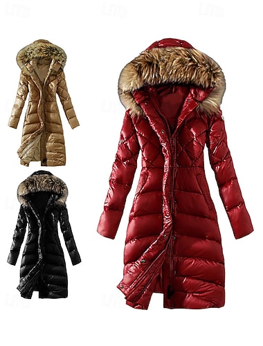  نسائي معطف شتوي أسفل سترة هوديي الدفء مريح سحاب جيب طوق الفراء كاجوال سهل عطلة مناسب للخارج عطلة نهاية الاسبوع طويلة مع قبعة عادي كم طويل ملابس خارجية أسود أحمر كاكي الخريف الشتاء