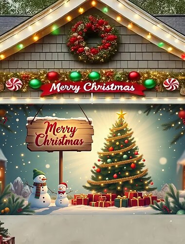 Housse de porte de garage de Noël avec arbre et bonhommes de neige, panneau joyeux Noël, bannière de garage de vacances, décoration de Noël extérieure pour la maison, l'allée, la cour avant   Housse de porte de garage de Noël avec arbre et bonhommes de neige, panneau joyeux Noël, bannière de garage de vacances, décoration de Noël extérieure pour la maison, l'allée, la cour avant