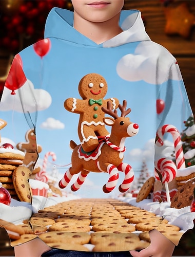  Weihnachten Jungen 3D Grafik Lebkuchenmänner Kapuzensweatshirt Langarm Frühling Herbst Mode Streetwear Kinder 4-12 Jahre Mit Kapuze Outdoor Lässig Täglich Normale Passform