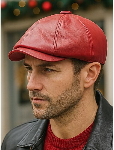 berretto natalizio da uomo in similpelle – elegante berretto piatto rosso, marrone, nero e grigio – caldo cappello invernale da uomo – accessorio alla moda per le feste natalizie   berretto natalizio da uomo in similpelle – elegante berretto piatto rosso, marrone, nero e grigio – caldo cappello invernale da uomo – accessorio alla moda per le feste natalizie