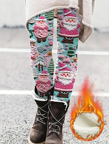  leggings femininas confortáveis, moda urbana, básicas, comprimento total, calças de cintura alta, estampa gráfica de natal, papai noel, lã térmica, quente, confortável, elástica, para uso ao ar livre, casual, diário, rosa, outono inverno