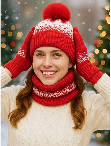  Julestrikksett med lue, hansker og skjerf til dame, berøringsskjermkompatible hansker, flere farger, koselig vintertilbehør til høytiden