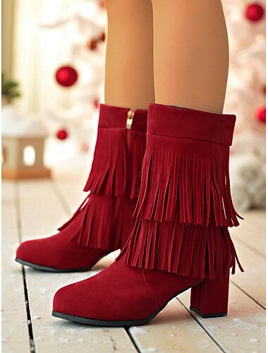  Røde damestøvletter med frynser og blokkhæl – festlige høytidsstøvletter til julebord og fritidsklær