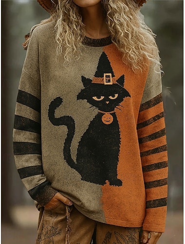  Γυναικείο Pullover Γραφικό Γάτα Κολοκύθα Vintage Μόδα Κλασικό Μήκους Μανιών Crew Neck Κανονικά Τόπες Καθημερινής Εκτύπωσης Πορτοκαλί Φθινόπωρο Χειμώνας