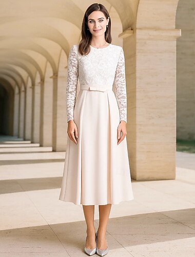  A-linje Te-lengde Festkjole Cocktail Kjole Langermet V-hals Elegant Årgang Fest Formell Bomullsblanding Ull Kjole til brudens mor med Blonder