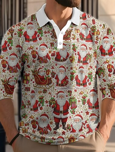  Navidad Hombre Papá Noel Polo Manga Larga Camisas de polo Diseño Casual Exterior Ropa Cotidiana Atuendo para festival Impresión 3D Botones Primavera Otoño Invierno Rojo Verde Trébol