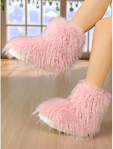  女性用ふわふわフェイクファースノーブーツ、暖かい冬用アンクルブーツ（室内用） &アウトドアウェア、クリスマス用の快適なプラッシュシューズ、スキー旅行 &寒い天気