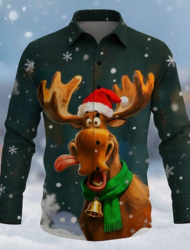  Christmas Miesten Eläin Poro hauska joulu Paita Button Up paita Pitkähihainen Hauska Joululahjat Pyhäpäivä Kevät Syksy Sänkyjen avaus 3D-tulostus kauluspaidat Sininen Tumman vihreä Apila