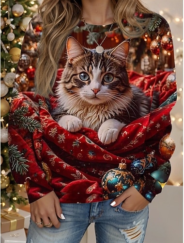 Damen Pullover Sweatshirt Grafik Katze Weihnachten Lässig Langarm Rundhalsausschnitt Normale Oberteile Straße Lässig Ferien Druck Wein Frühling Herbst Winter   Damen Pullover Sweatshirt Grafik Katze Weihnachten Lässig Langarm Rundhalsausschnitt Normale Oberteile Straße Lässig Ferien Druck Wein Frühling Herbst Winter