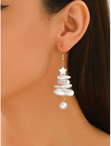  Juleøreringer i akryl til dame med stjerne- og perledesign, festlig treform, perfekt for julemote og gaver