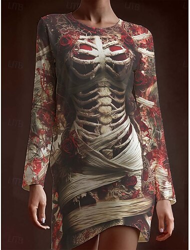 Damen Mini-Kleid Sweatkleid Urlaub Freizeit Boho Alltag Feiertag Ausgehen Schlanke Grafik Schädel Langarm Rundhalsausschnitt Rot Herbst Winter   Damen Mini-Kleid Sweatkleid Urlaub Freizeit Boho Alltag Feiertag Ausgehen Schlanke Grafik Schädel Langarm Rundhalsausschnitt Rot Herbst Winter