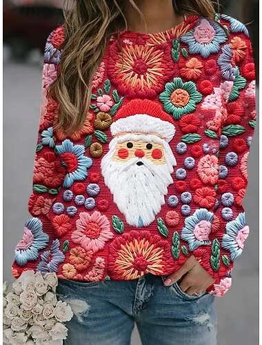  Damskie Pullover Graficzny Święty Mikołaj Codzienny Długi rękaw Półgolf Zwykłe topy Codzienny Święto Nadruk Niebieski Rumiany róż Czerwony Jesień Zima