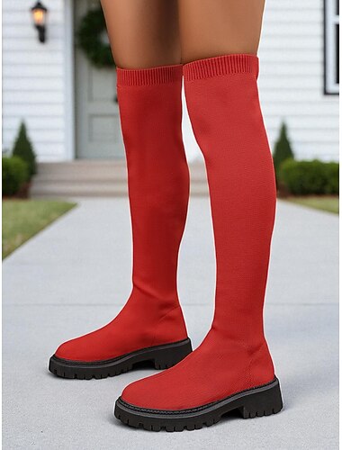  Rode overknee laarzen voor dames met dikke antislipzolen, rekbare sokken in modieuze winterlaarzen voor casual outfits en kerstfeestjes &straatkleding