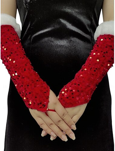  Guantes navideños rojos con lentejuelas para mujer con puños de piel sintética, guantes brillantes para fiestas navideñas y eventos festivos.