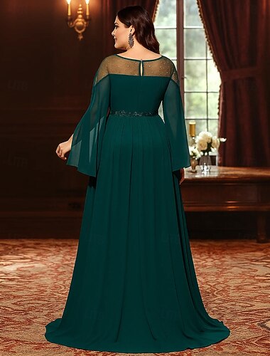  Linea ad A Lunghezza al pavimento Abito Formale Abito da sera Manica Lunga Girocollo Elegante Vintage Festa Poliestere Abito da cerimonia per signora con Pieghe Blocco di Colore