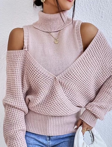  Women's Sweater Pullover Streetwear Casual Pure Color Turtleneck Knitted Cold Shoulder Long Sleeve Regular Tops Knit Daily Holiday Going out Pink Camel Fall Winter