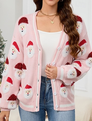  Kerstmis Dames Gebreid vest Casual topjes Lange mouw Kleding Bovenlichaam Sportkleding V-hals Grafisch Zacht Warm Feesten Vakantie Sportkleding Sportkleding Zwart Blozend Roze Groen