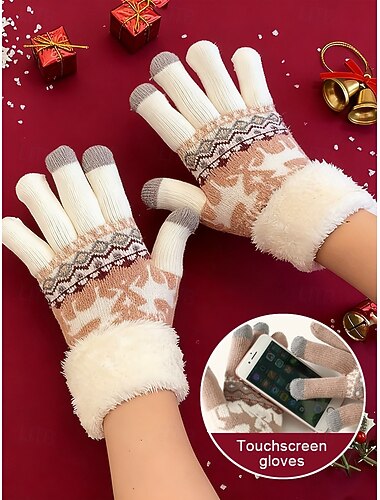  Guantes navideños para pantalla táctil para mujer, diseño de punto acogedor con patrón de copos de nieve y alces, puños de vellón suave, perfectos para la temporada navideña y el invierno.
