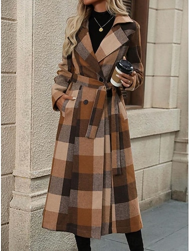  Damen Wintermantel Winterjacke Bequem Atmungsaktiv Tasche Knöpfe Druck Lässig Karomuster Formell Urlaub Straße Lässig Einreihig Lang Umlegekragen Normale Passform Langarm Oberbekleidung Plaid