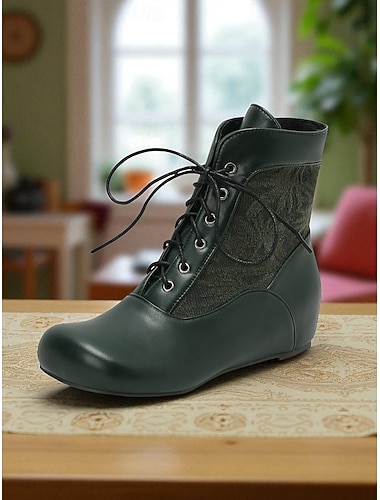  Damskie brązowe botki sznurowane z ukrytego klina ze sztucznej skóry i materiału, buty w stylu lat 50. na stylizacje retro, cosplay i do noszenia na co dzień