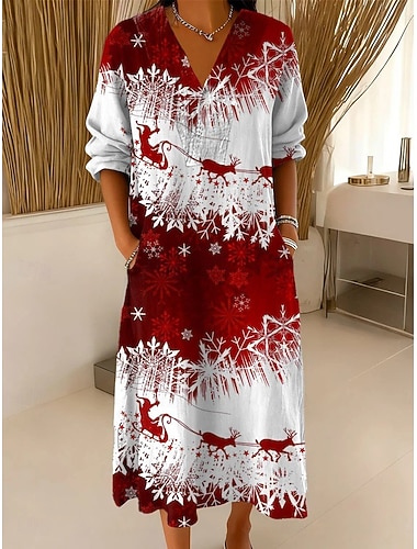  クリスマス レディース トナカイ 雪の結晶 ミディドレス シフトドレス バケーション カジュアル 外出用 レギュラーフィット グラフィック 長袖 Vネック ホワイト ワイン レッド グリーン 秋 冬