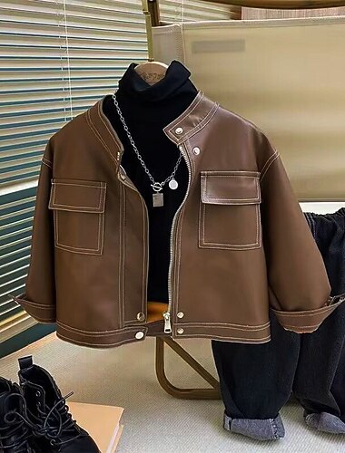 Детские Мальчики Черная кожаная куртка Жакет Верхняя одежда Полотняное плетение Длинный рукав Застегнуться ЗАЩИТА ОТ ВЛАГИ Защита от ветра Пальто Повседневные Мода На каждый день   Детские Мальчики Черная кожаная куртка Жакет Верхняя одежда Полотняное плетение Длинный рукав Застегнуться ЗАЩИТА ОТ ВЛАГИ Защита от ветра Пальто Повседневные Мода На каждый день