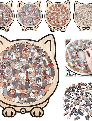  135-elementowa drewniana układanka w kształcie kota w kolorze mailard/makaron/drewnianym/morandi dla dorosłych, słodka drewniana układanka z konturem kota, kreatywny prezent w postaci układanki,