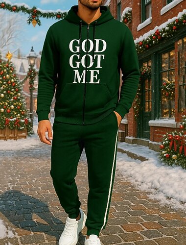  Natale Per uomo Tuta da 2 pezzi Felpa con cappuccio Lounge Felpa con zip intera Cerniera completa con tasca Lettera Completo Abbigliamento Primavera Verde scuro Viaggio Corsa Traspirante Manica Lunga
