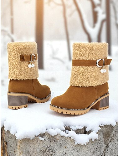  حذاء نسائي بني اللون من جلد الغزال الصناعي بكعب سميك - حذاء شتوي دافئ بكعب سميك للأنشطة الخارجية والعمل والملابس غير الرسمية