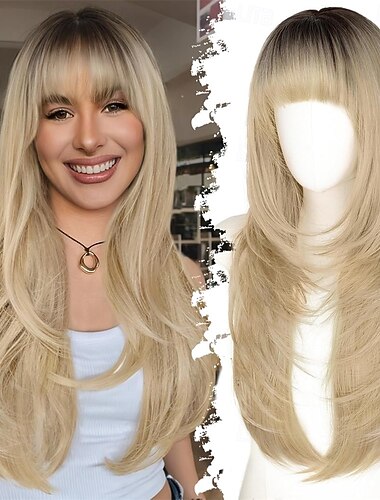 Lange blonde Perücke mit Pony für Damen – dunkler Ansatz bis Blond, 4x4 realistische Kopfhaut, kein Scheitel, gestufte Frisur, hitzebeständig, synthetisch, für den täglichen Gebrauch und Partys, 66 cm