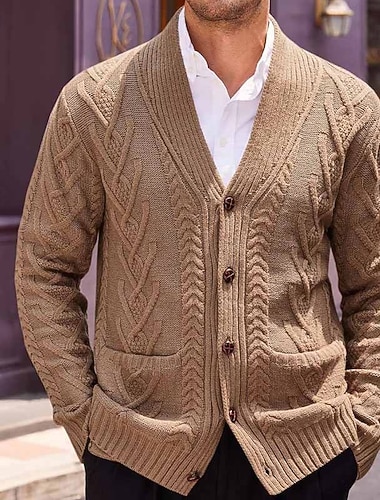  בגדי ריקוד גברים סוודר סוודר קרדיגן כבל לִסְרוֹג חוּלצָה כפתור למעלה סרוג אחיד צווארון V חופשה אופנתי קזו'אל לבוש יומיומי ביגוד קיץ & אביב שחור חאקי S M L