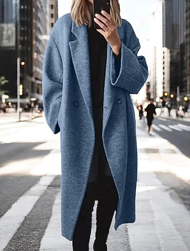  Per donna Cappotto Caldo Confortevole Tasca Bottoni Casual Semplice Vacanza Streetwear Casuale Abbigliamento quotidiano Lungo Collo ripiegato Vestibilità regolare Manica Lunga Capispalla Nero Blu