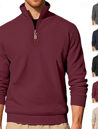  Homme Jacquard Sweat-shirt Velours Côtelé Pull Sweat-shirt quart de fermeture éclair Noir Rouge Bordeaux bleu marine Kaki Gris foncé Col montant Uni Patchwork Texturé Sport & Loisir Occasionnel