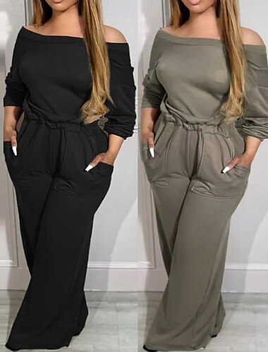 Damen Overall Aktiv Einfarbig Langarm Weites Bein Schulterfrei Tasche Urlaub Täglich Normale Passform Schwarz Khaki Frühling   Damen Overall Aktiv Einfarbig Langarm Weites Bein Schulterfrei Tasche Urlaub Täglich Normale Passform Schwarz Khaki Frühling