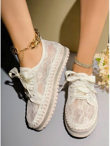  Baskets à plateforme en dentelle blanche pour femmes avec lacets en ruban de satin - chaussures de mariage et de fête élégantes pour les mariées et les événements en soirée