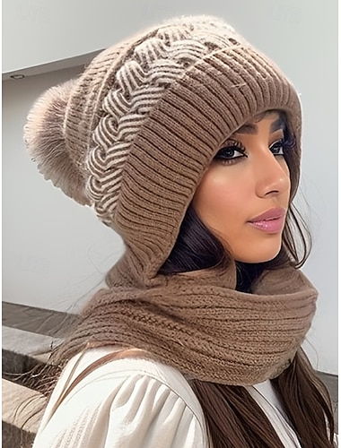 مجموعة قبعة وشاح شتوية نسائية محبوكة مع بوم بوم، مبطنة بالصوف 2 في 1 وغطاء للرقبة، ملحق دافئ ومريح في الهواء الطلق للطقس البارد وهدايا عيد الميلاد