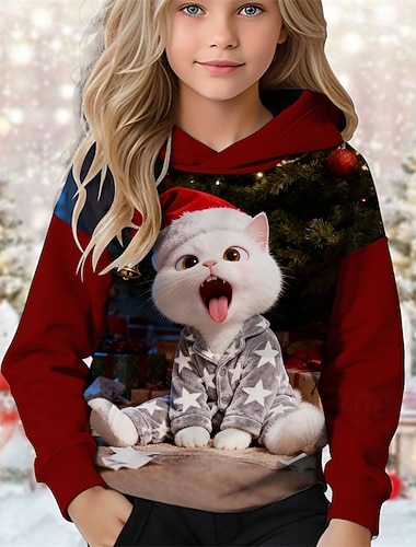  Χριστούγεννα Κοριτσίστικα 3D Γραφική Γάτα Φούτερ με Κουκούλα Μακρυμάνικο Φθινόπωρο Χειμώνας Μοντέρνα Λατρευτός Βασικό Παιδιά 4-12 χρόνια Με Κουκούλα ΕΞΩΤΕΡΙΚΟΥ ΧΩΡΟΥ Causal Καθημερινά Κανονικό