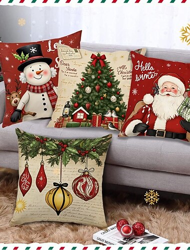 Juldekorativa örngott med jultomten och snögubben, tecknat tryck, kuddfodral för soffa, säng, bil och festlig heminredning   Juldekorativa örngott med jultomten och snögubben, tecknat tryck, kuddfodral för soffa, säng, bil och festlig heminredning