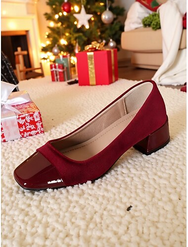  נעלי עקב בלוק אדומות לנשים עם פטנט וקטיפה, בטנה מרובעת, אלגנטיות ונוחות, מושלמות לחג המולד, ללבוש משרדי ולאירועים יומיומיים