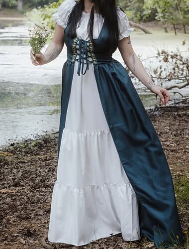  Retrò Vintage Medievale Rinascimento Camicia da notte Soprabito Vichingo Irlandese Elfico Due Pezzi Costume Per donna Celtico Costumi da pirata Fantasia Halloween Mascherata Vacanza Casual Quotidiano