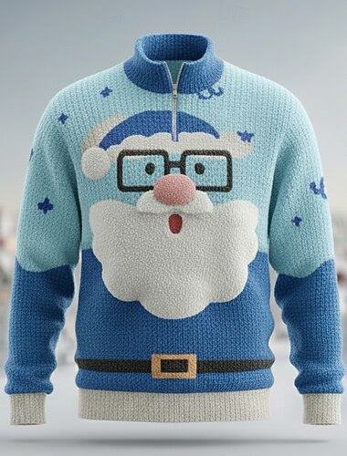  Stygg julegenser Herre Tegneserie julenissen 3D-utskrift Glidelås genser Genser Polo Glidelåskrage Fritid Feriereise Daglig Festival Glidelås 2 i 1 Strikking Langermet Høst Vinter Blå Grønn