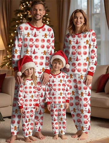  نظرة العائلة عيد الميلاد المجيد بيجامات عائلية لعيد الميلاد منامة مجموعات الأسرة الرسم رجل ثلج ندفة ثلجية المنزل طباعة أحمر كم طويل يوميا ملابس مطابقة