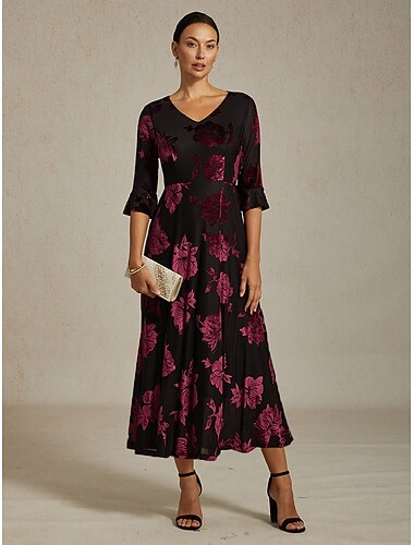  Damen Samt Midi Kleid A Linie Kleid Elegant Geburtstags Cocktail Hochzeitsgast Samt Alltag Cocktailparty Reguläre Passform Floral Halbe Ärmel V-Ausschnitt Marineblau Frühling Herbst Winter