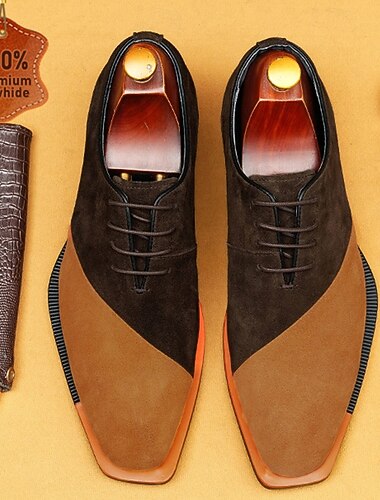  Sapatos oxford masculinos de couro legítimo marrom e camurça com design em blocos de cores, sapatos sociais vintage com cadarço para moda retrô e eventos formais