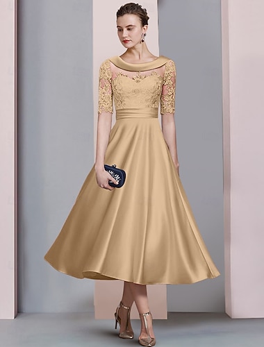Vestido de Mãe da Noiva em Corte A Dourado Convidada de Casamento Elegante Vintage Decote Arredondado Comprimento Chá Cetim Renda Manga 3/4 com Apliques Russet   Vestido de Mãe da Noiva em Corte A Dourado Convidada de Casamento Elegante Vintage Decote Arredondado Comprimento Chá Cetim Renda Manga 3/4 com Apliques Russet