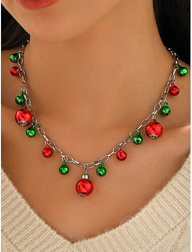  Weihnachtshalskette aus Legierung für Damen mit roten und grünen Glöckchen und Schneeflocken-Ornament, perfekt für die Feiertage und als festliches Geschenk