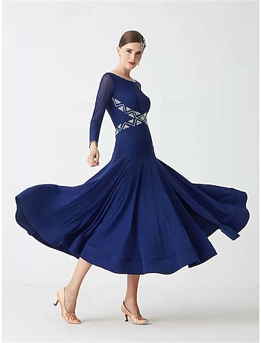  Kjole til ballroom-dans for kvinner, langermet netting, vals, tango, latin, øvelses-konkurransekjole med geometrisk midjedesign – marineblå