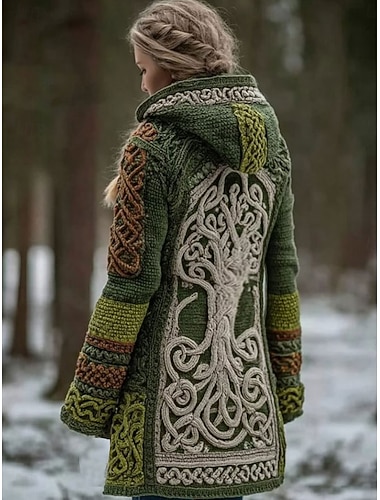  Damen Strickjacke Täglich Lässig Grafik Geometrisch Gerippt Mit Kapuze Patchwork Tasche Knöpfe Langarm Lange Oberteile Stricken Outdoor Wochenende Grün Herbst Winter