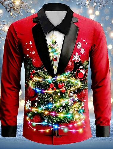  Noël Homme Costume de Noël Eclairage de Noël Costume cravate chemise de smoking imprimée Chemise Chemise Boutonnée manche longue Drôle Extérieur Fête Printemps Automne Col Rabattu Impression 3D