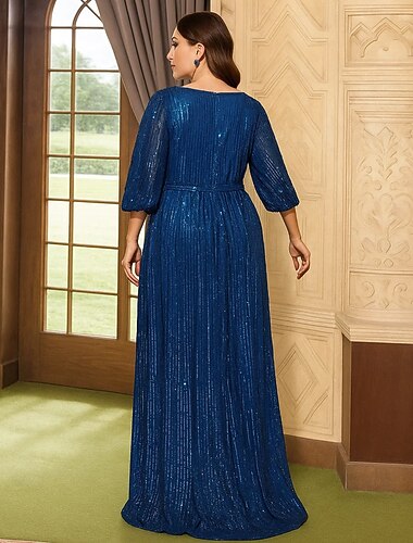  A-Lijn Vloer Lengte Bruiloft Gast Jurk Formele Jurken Avondjurk Moeder van de Bruid Jurk Lange Mouw V-hals Elegante Luxe Plus Size met Plooien Sequins